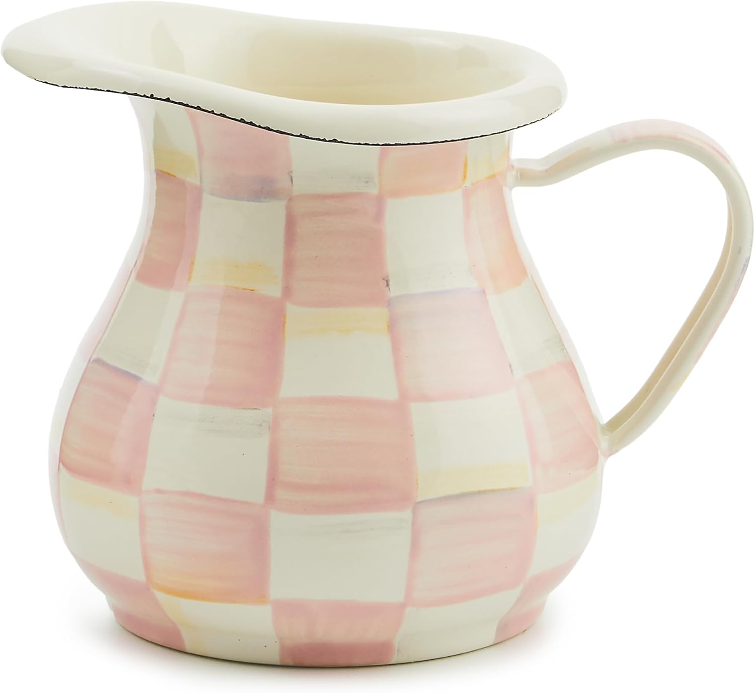 MACKENZIE-CHILDS Enamel Creamer, Creamer Dispenser with Pour Spout, Kitchen Enamelware, Pink-and-White Rosy Check