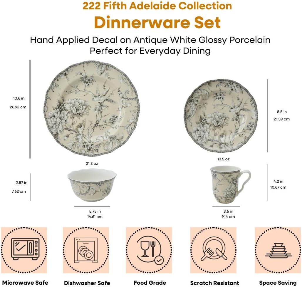 222 Fifth Adelaide 16-Piece Traditional Antique White Porcelain Dinnerware Set – Service for 4, Romantic Bird & Floral Design, for Everyday Dining & Entertainment, Microwave & Dishwasher Safe