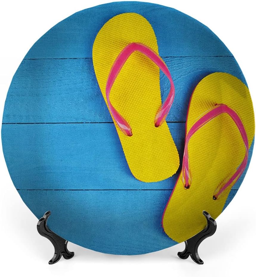 Ceramic Display Plate, Yellow and Blue Ceramic Hanging Decorative Plate, Flip Flops on Wooden Pier Cheerful Holiday, 6 Inch, Household Custom Ceramic Plate, Sky Blue Yellow Pink