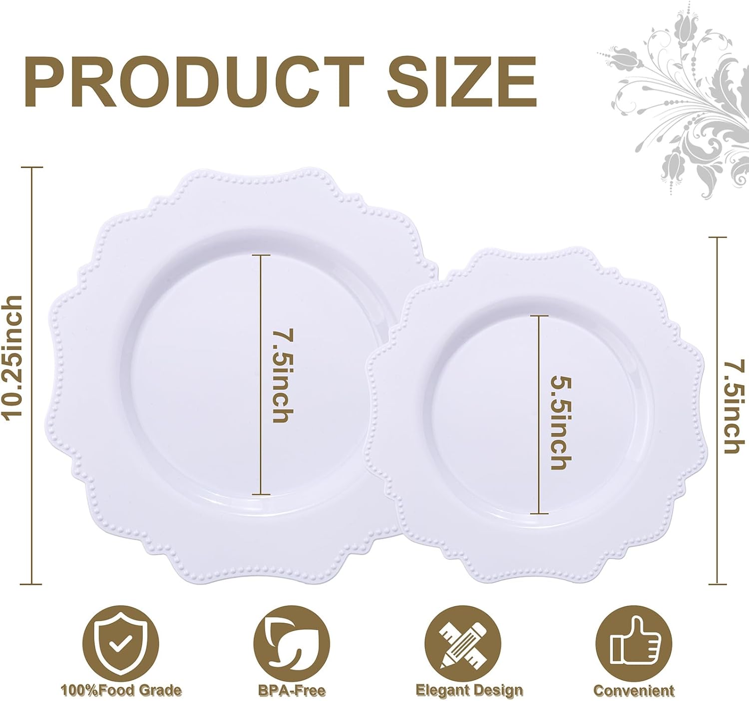 COLOSUS 100 pcs White Plastic Plates Set,Fancy Beaded Plates-European Retro plates include 50 dinner plates and 50 dessert plates,Plastic Disposable plates for Halloween,Thanksgiving,BBQ and Party