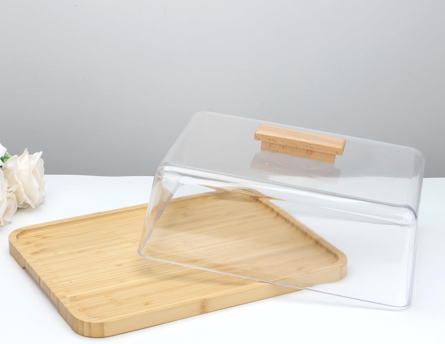 Acrylic Dessert Plate with Base, Bamboo Cake Tray with Clear Acrylic Cover, Cake Fruit Display Server Tray for Kitchen/Birthday/Wedding/Appetizer Dessert& Cheese Serving Platter Rectangular