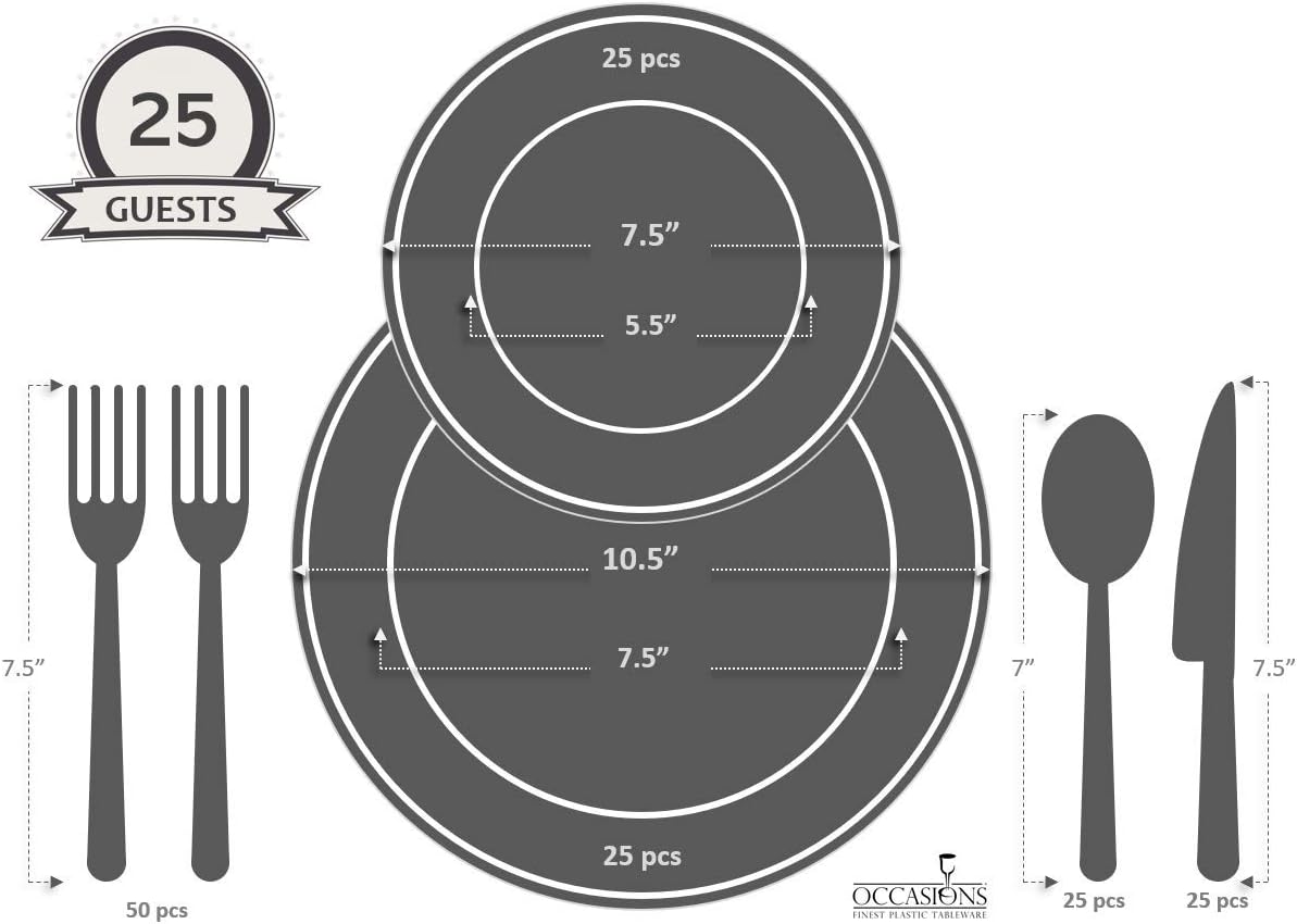 " OCCASIONS " 150pcs set (25 Guests)-Wedding Plastic Plates & cutlery -Disposable heavyweight Dinnerware 10.5'', 7.5'' + Silverware w/double fork (Plain Ivory)