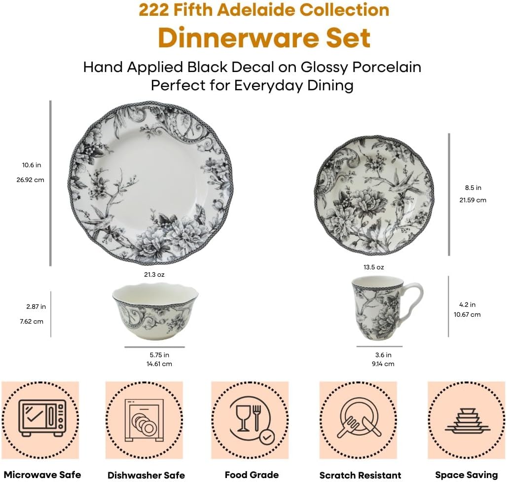 222 Fifth Adelaide 16-Piece Black Porcelain Dinnerware Set – Service for 4, Featuring Hand-Applied Romantic Woodland Bird Design, for Everyday Dining & Entertainment, Microwave & Dishwasher Safe