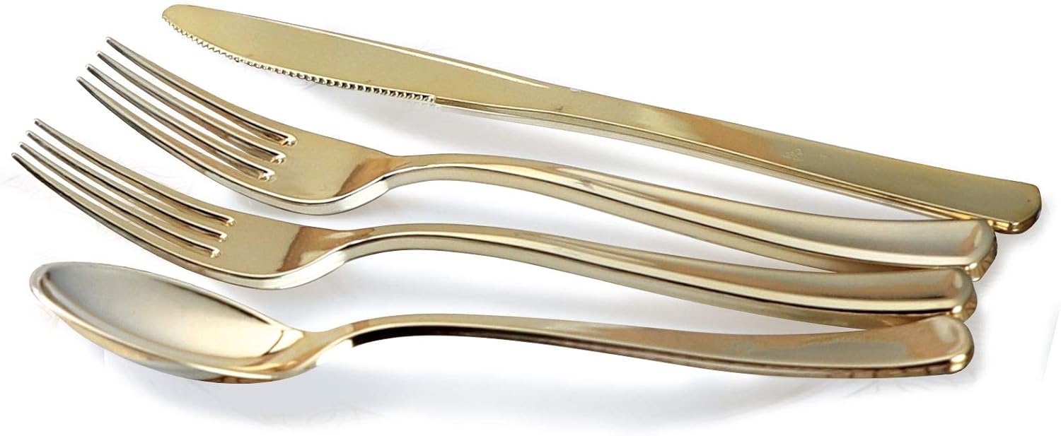 " OCCASIONS " 150pcs set (25 Guests)-Extra Heavyweight Vintage Wedding Disposable/Reusable Plastic Plates (25 x 11'' + 25 x 8.25'') + Silverware (Chateau Collection in Blush Pink)