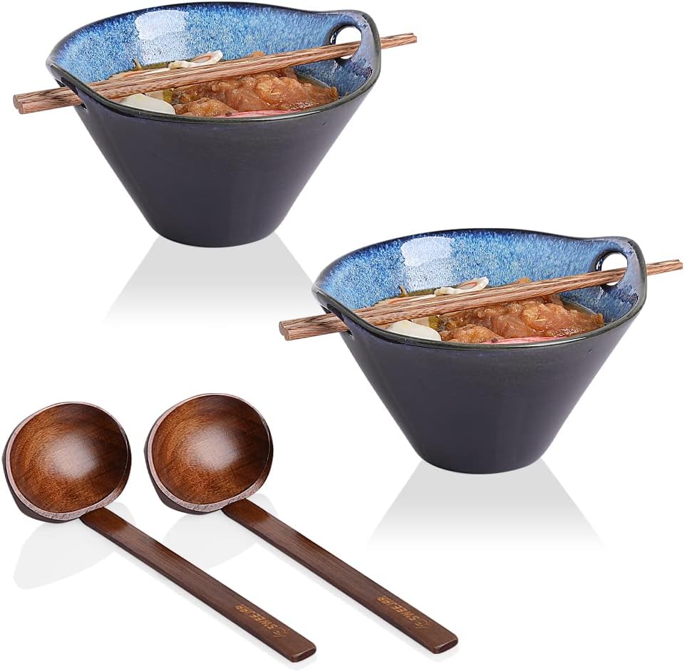 Sweejar Porcelain Ramen Bowls, Japanese Ramen Noodle Bowl with Chopsticks And Spoons, 25 oz Deep Bowl for Soup, Salad, Pho, Udon, Reactive Glaze, Set of 2 (Nebule Blue)