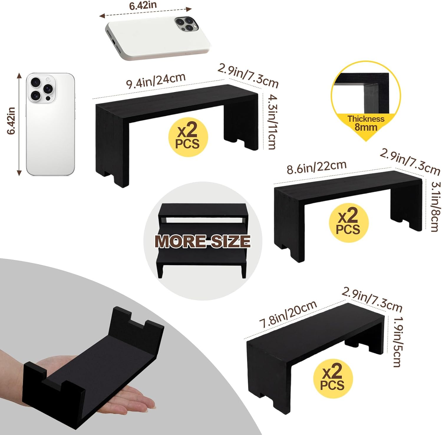 Display Wood Risers Wooden Stand 3 Tier Black Wood Racks Decorative Rectangular, 2 Set 6 Piece Cupcake Stands Cologne Perfume Organizer Dessert Showcase(Black)