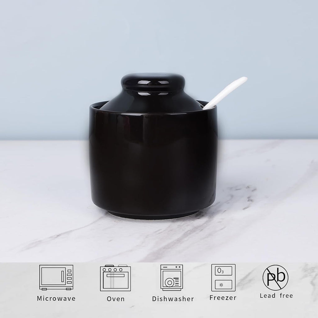 HAOTOP 8 oz Sugar Bowl with Lid and Spoon,Ceramic Sugar Jar Sugar Dispenser Sugar Container Coffee Bar Accessories, Kitchen Countertop Canisters (Black)