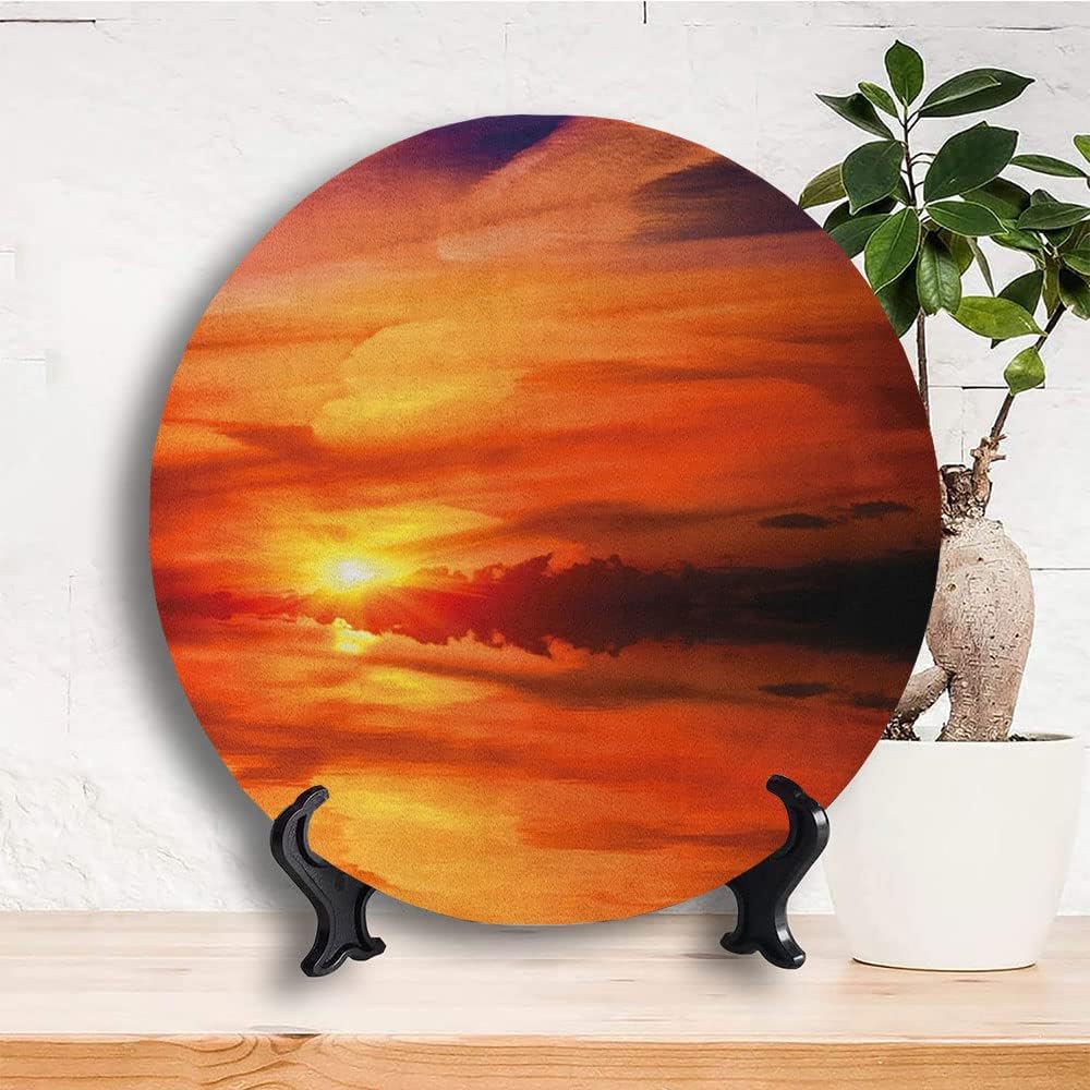 Ceramic Plates, Nature Decorative Ceramic Plates, Dramatic Sunset Sky Clouds on Lake Horizon, 10 Inch, Household Plates Decorative, Red Vermilion Marigold