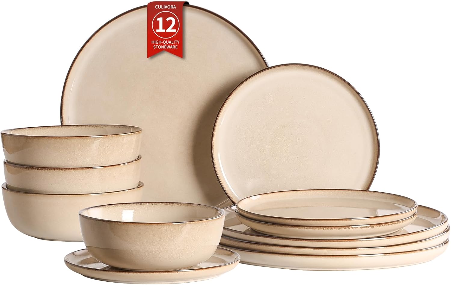 Ceramic Plates and Bowls Sets: 12 Piece Porcelain Dinnerware Sets, Stoneware Kitchen Dishes Set for 4, Scratch Resistant Plate Set, Microwave Dishwasher Oven Safe, Reactive Glaze (Beige)