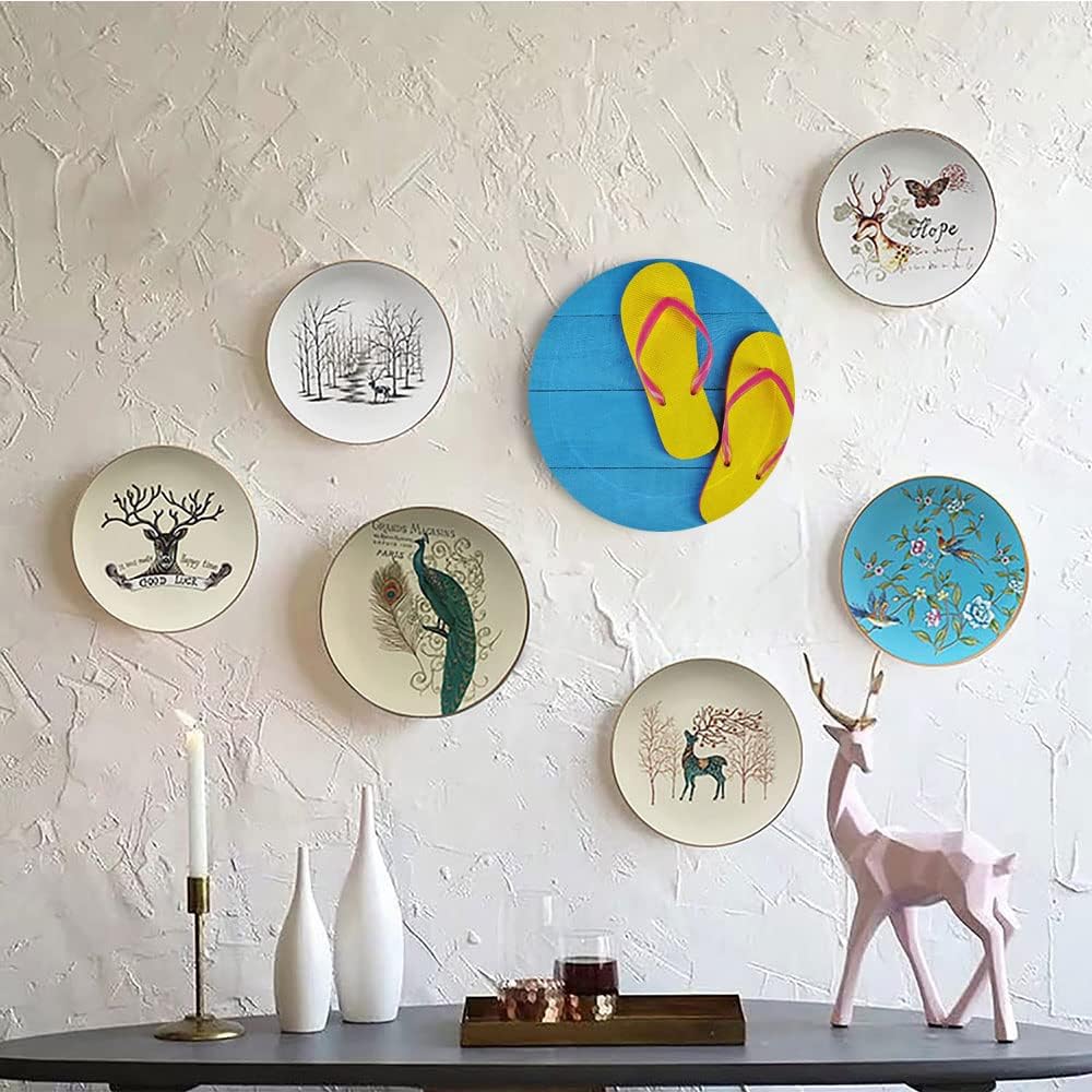 Ceramic Display Plate, Yellow and Blue Ceramic Hanging Decorative Plate, Flip Flops on Wooden Pier Cheerful Holiday, 6 Inch, Household Custom Ceramic Plate, Sky Blue Yellow Pink