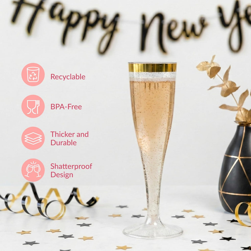Prestee Set of 24 Plastic Champagne Flutes with Gold Rim - 4.5 oz - Shatterproof Disposable Glasses for Weddings, Cocktail Parties, and Outdoor Celebrations