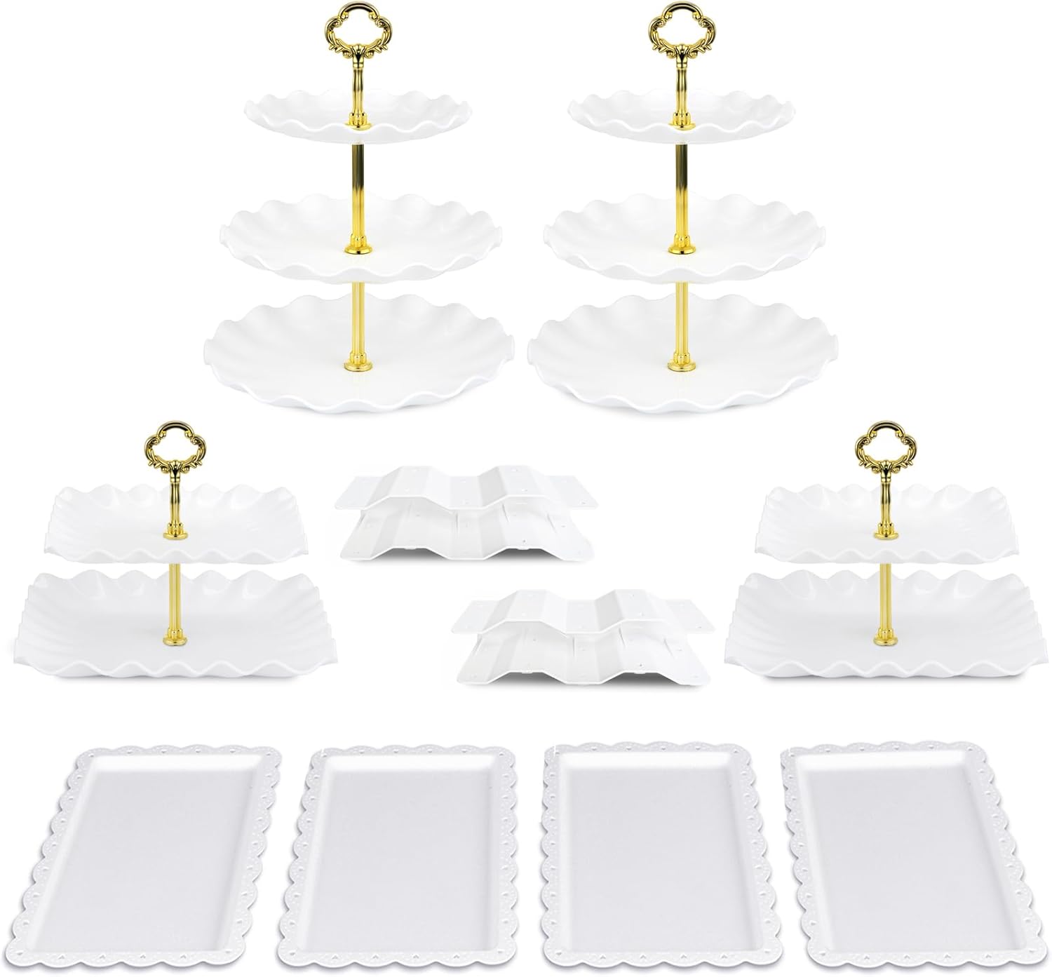 Pack of 10 NWK Cake Stand, Cupcake Stand with 2x Large 2-Tier Cupcake Stands, 2x Large 3-Tier Cupcake Stands, 4 x Appetizer Trays, 2 x Cake Pop Stands for Birthday Baby Shower Party Decorations (Gold)