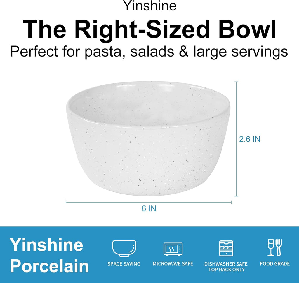 6inch Ceramic Bowl Sets,Stoneware Kitchen Bowl,Porcelain Bowls Set of 4 for Soup, Cereal, Oatmeal, Fruit, Rice - Dishwasher & Microwave Safe,White