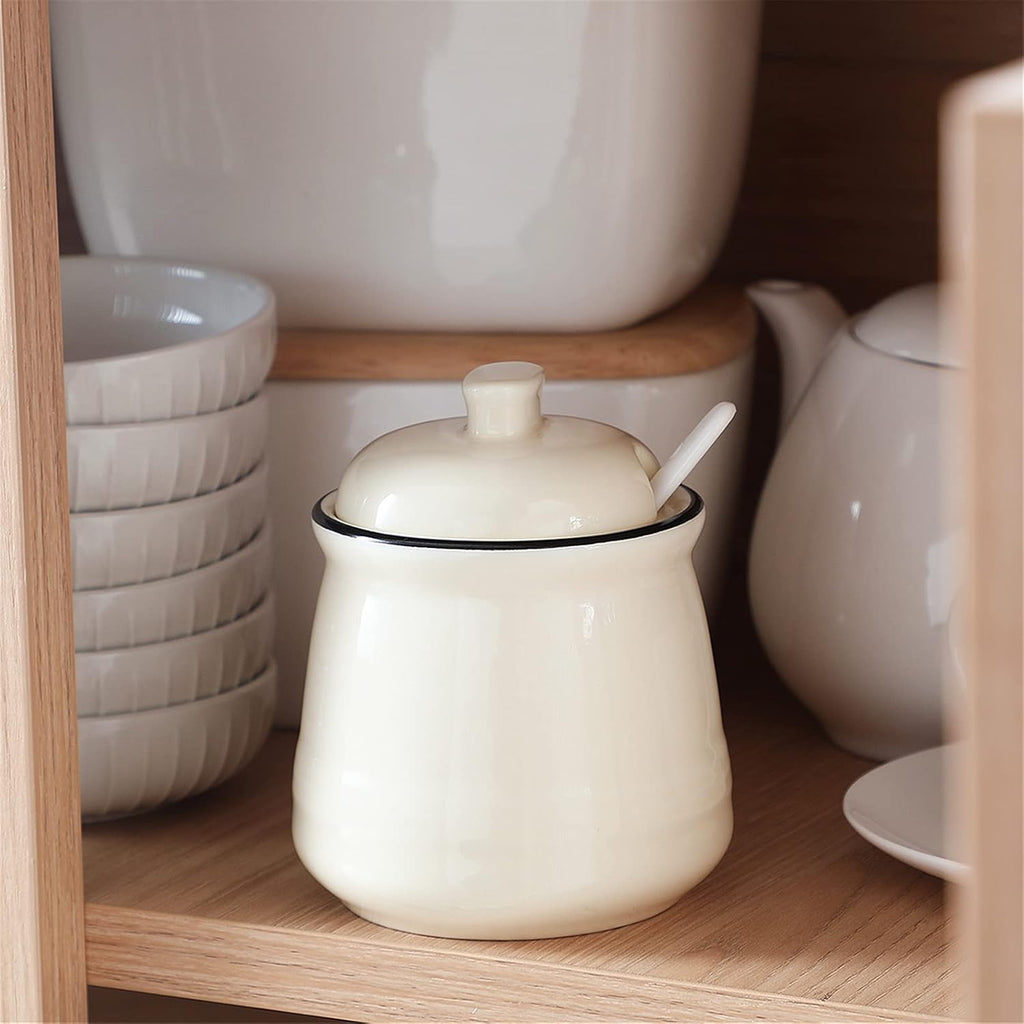 HAOTOP Porcelain Salt Bowl with Lid and Spoon,Ceramic Sugar Bowl 12oz (Beige)