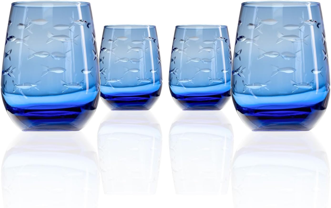 Rolf Glass School of Fish Blue Stemless Wine Glass | Set of 4 Stemless Glasses | 15oz Limited Edition Blue Glass Tumblers | Engraved Lead-Free Coastal Glassware | Made in the USA