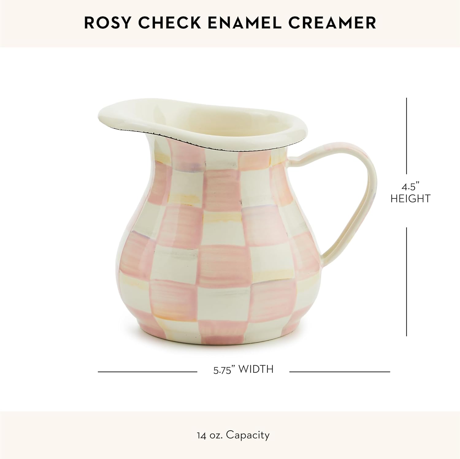 MACKENZIE-CHILDS Enamel Creamer, Creamer Dispenser with Pour Spout, Kitchen Enamelware, Pink-and-White Rosy Check