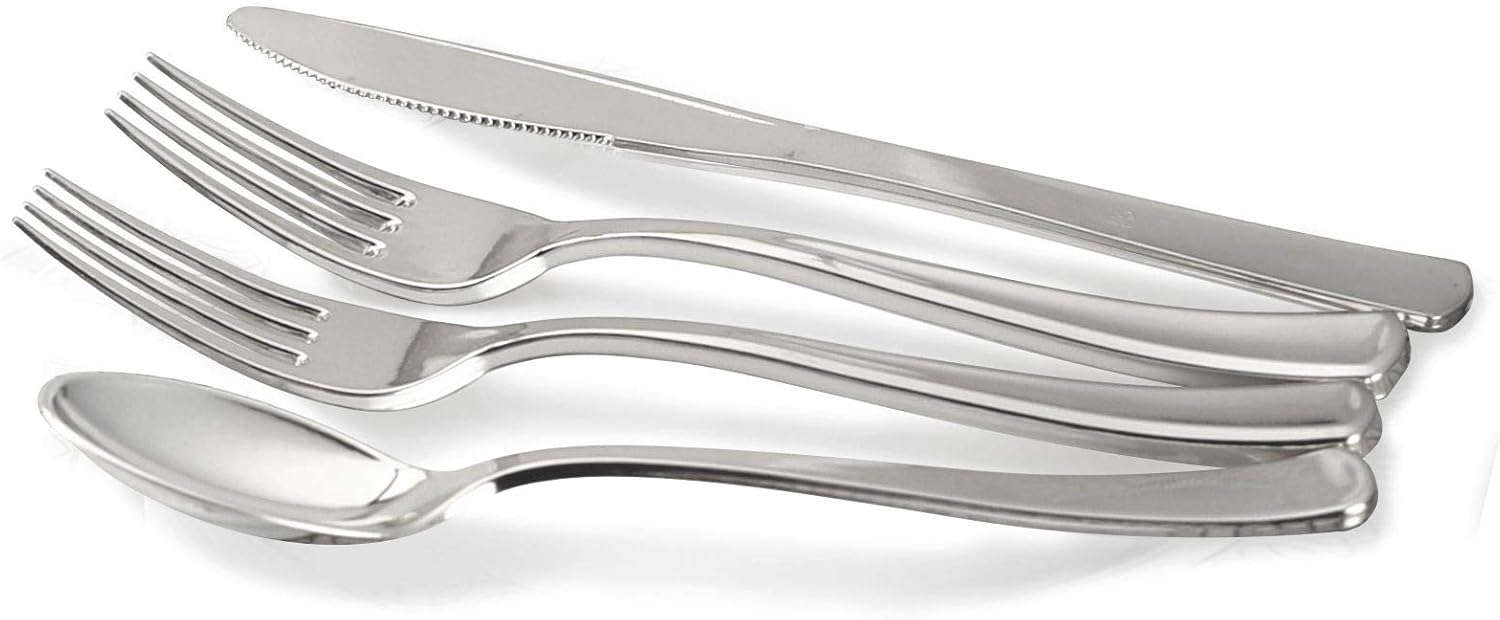 " OCCASIONS " 150pcs set (25 Guests)-Extra Heavyweight Vintage Wedding Disposable/Reusable Plastic Plates -25 x 11'' + 25 x 8.25'' +Silverware (Chateau Collection in Light Gray)