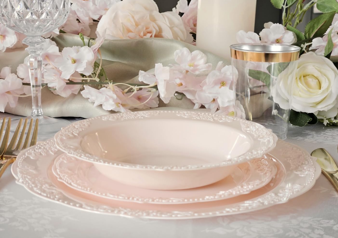 " OCCASIONS " 240 Plates Pack,(120 Guests) Vintage Wedding Party Disposable Plastic Plates Set-120x10.25'' Dinner +120x7.5'' Salad/Dessert Plate (Portofino Light Pink/Blush)
