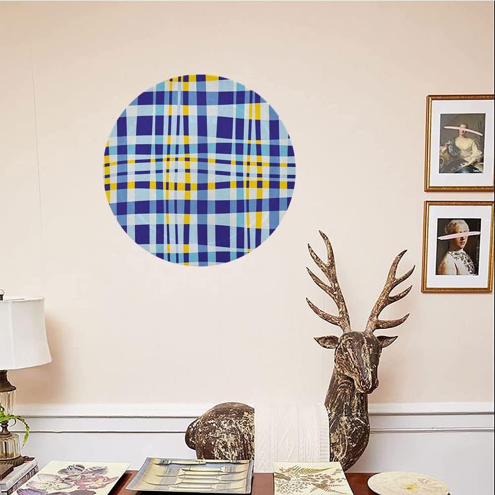 Decorative Plates, Yellow and Blue Print Ornament, Retro Scottish Checkered Tartan with Color Stripes, 7 Inch, 1 Plate with 1 Display Stand, Pale and Violet Blue
