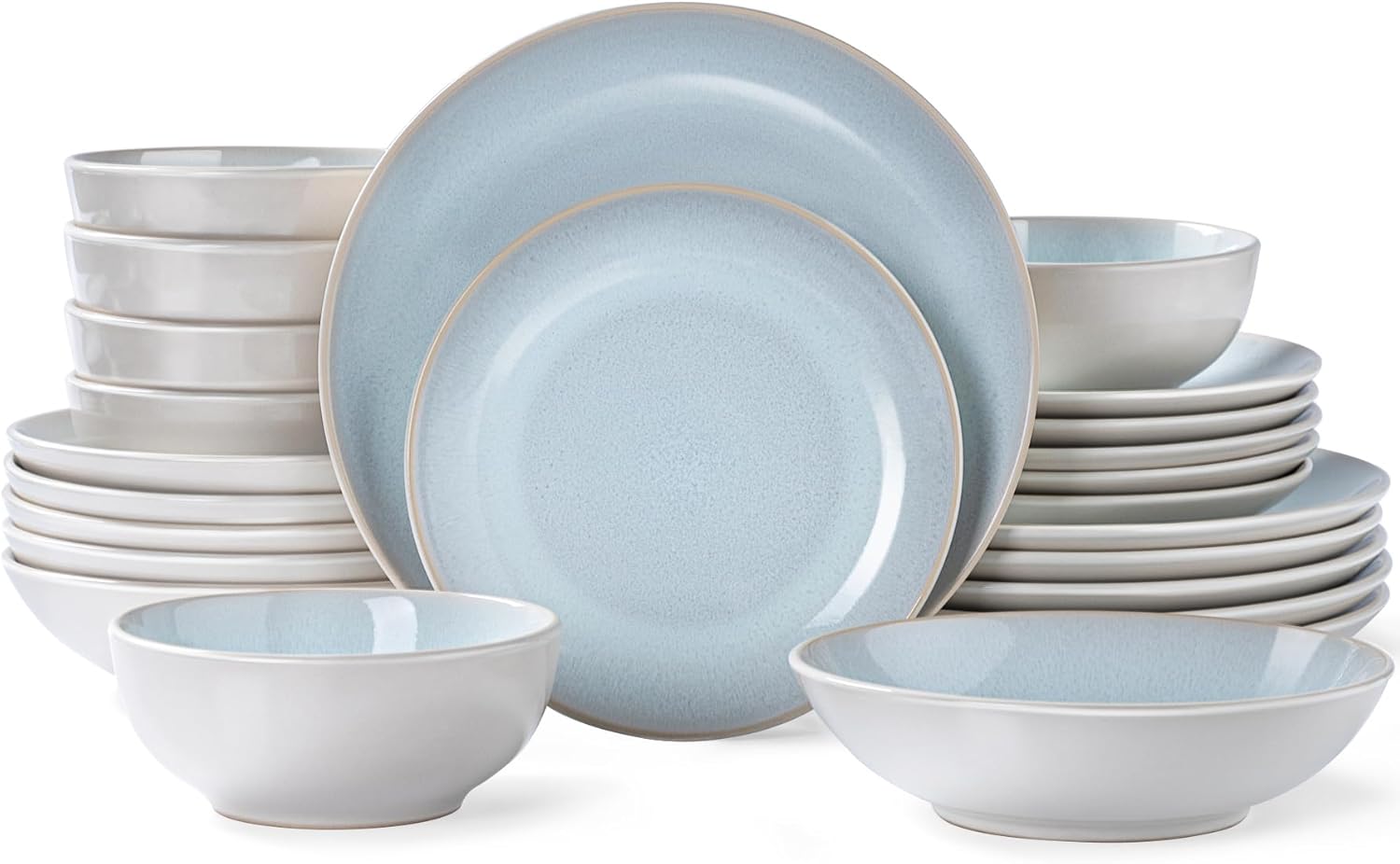 Plates and Bowls Sets for 6 - CJDC-QUELO 24-Piece Stoneware Dinnerware Sets, Ceramic Dishware Set for Kitchen Use and Formal Dining, Chip and Scratch Resistant Microwave Dishwasher Safe, Off White