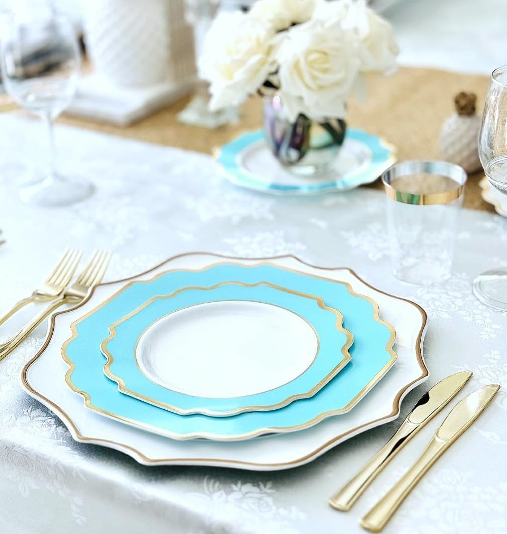 " OCCASIONS " 150 Piece set (25 Guests)-Wedding Plastic Plates & cutlery -Disposable heavyweight Dinnerware 10.5'', 8''+Silverware w/double fork (Imperial Aqua/Gold))