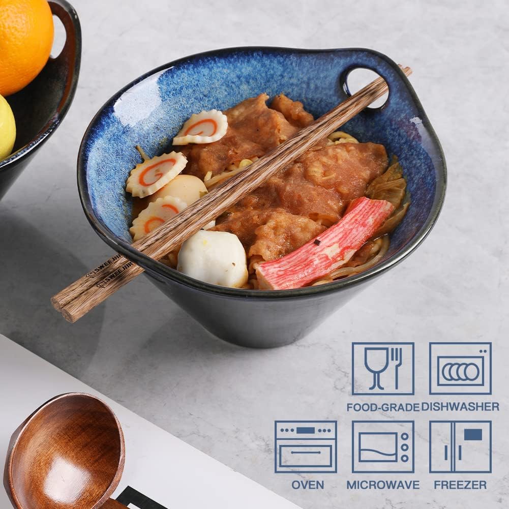 Sweejar Porcelain Ramen Bowls, Japanese Ramen Noodle Bowl with Chopsticks And Spoons, 25 oz Deep Bowl for Soup, Salad, Pho, Udon, Reactive Glaze, Set of 2 (Nebule Blue)