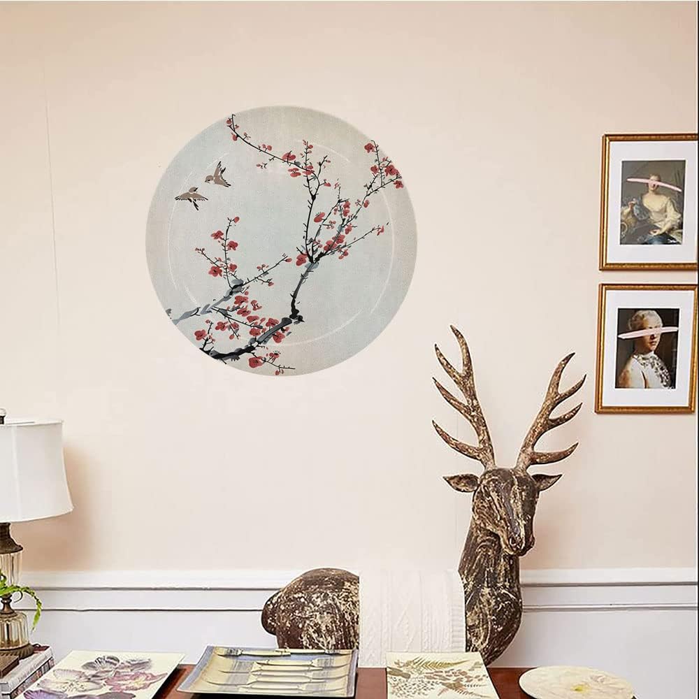 Ceramic Plates, Nature Decorative Ceramic Plates, Cherry Branches Flowers Buds and Birds Asian, 7 Inch, Household Plates Decorative, Black Burgundy