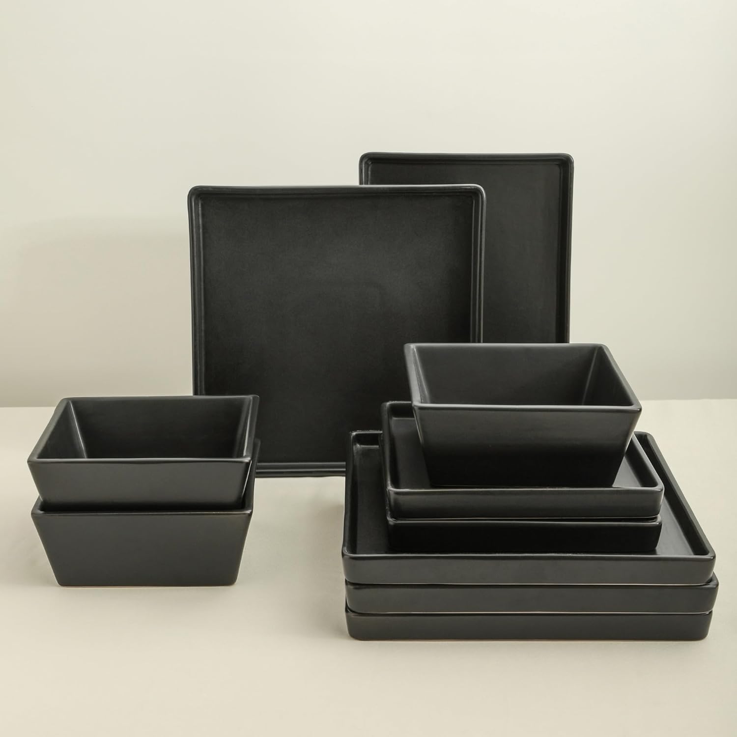 Stone Lain Grace Square Stoneware Dinnerware Set, 12 Piece Service For 4, Plates and Bowls Dish Set, Black