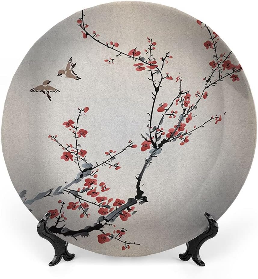Ceramic Plates, Nature Decorative Ceramic Plates, Cherry Branches Flowers Buds and Birds Asian, 7 Inch, Household Plates Decorative, Black Burgundy