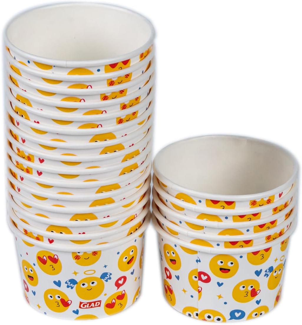Glad for Kids Emoji Print Paper MINI Snack Bowls, Lids Not Included - Disposable Snack Cups with Emojis for Kids Heavy Duty, 6 Ounces, 20 Count - 10 Pack