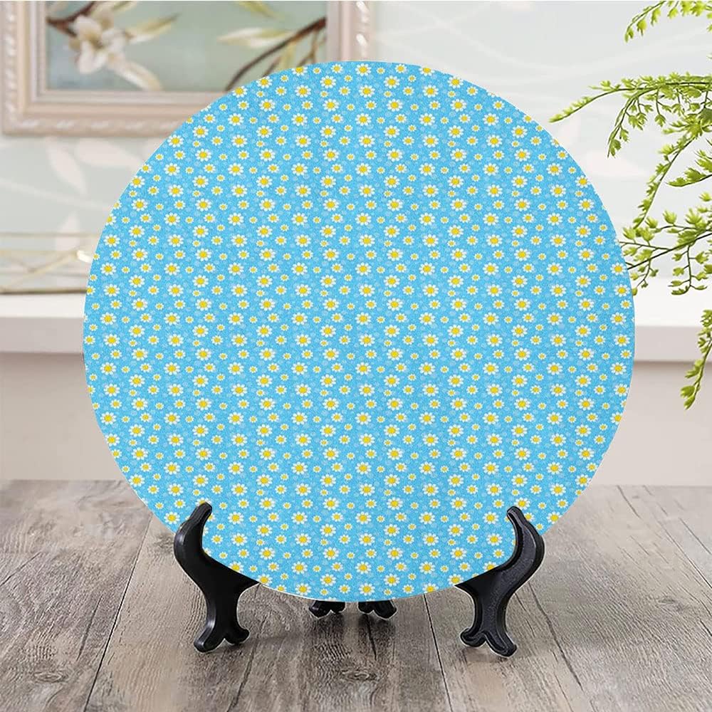 Decorative Plates, Yellow and Blue Print Ornament, Cartoon Chamomiles Blooms and Dots Fresh Spring for, 10 Inch, 1 Plate with 1 Display Stand, Blue Yellow White