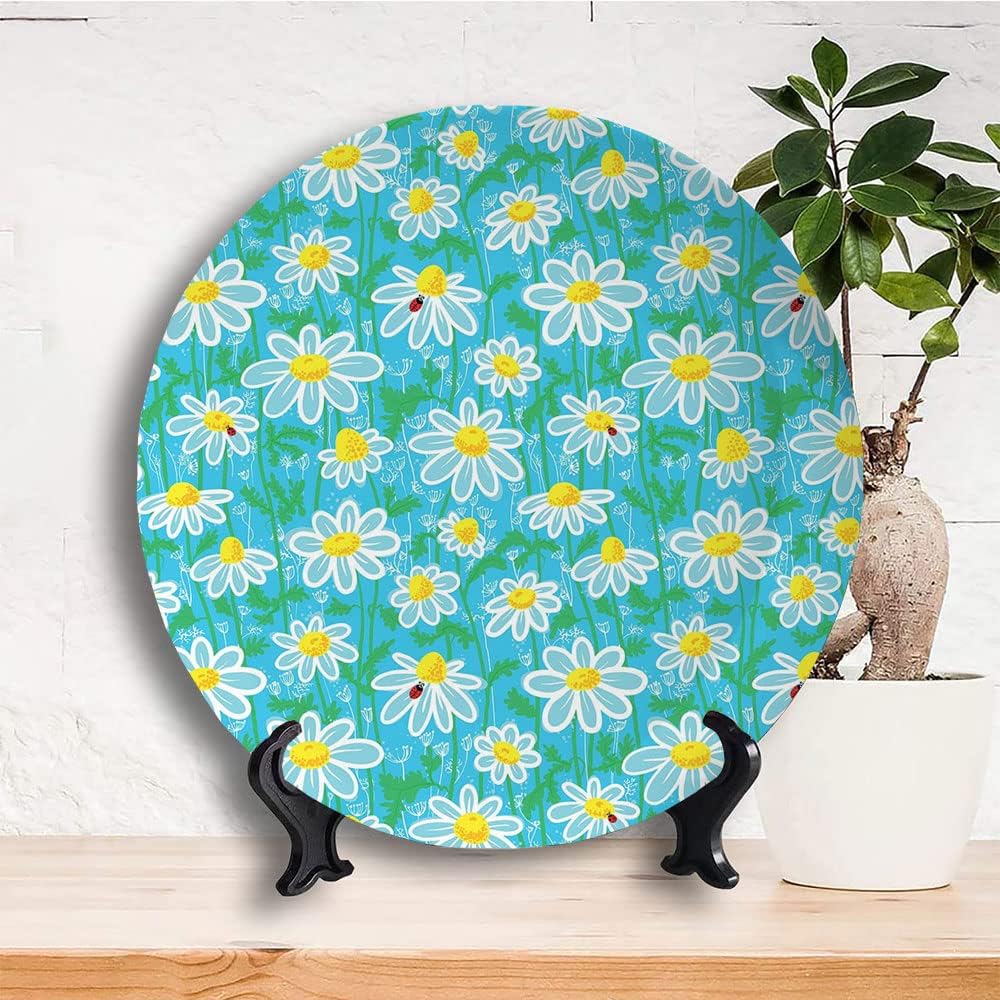 Decorative Plates, Yellow and Blue Print Ornament, Meadow Art Pattern with Ladybirds and Chamomile Daisy, 6 Inch, Kitchen Wall Decor, Aqua White Marigold