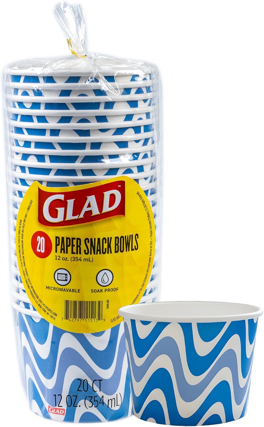 Glad Everyday Paper Snack Bowls with Blue Wave Print, Lids Not Included - Disposable Snack Bowls, Heavy Duty Paper Bowls for Everyday Use, 12 Ounces, 20 Count