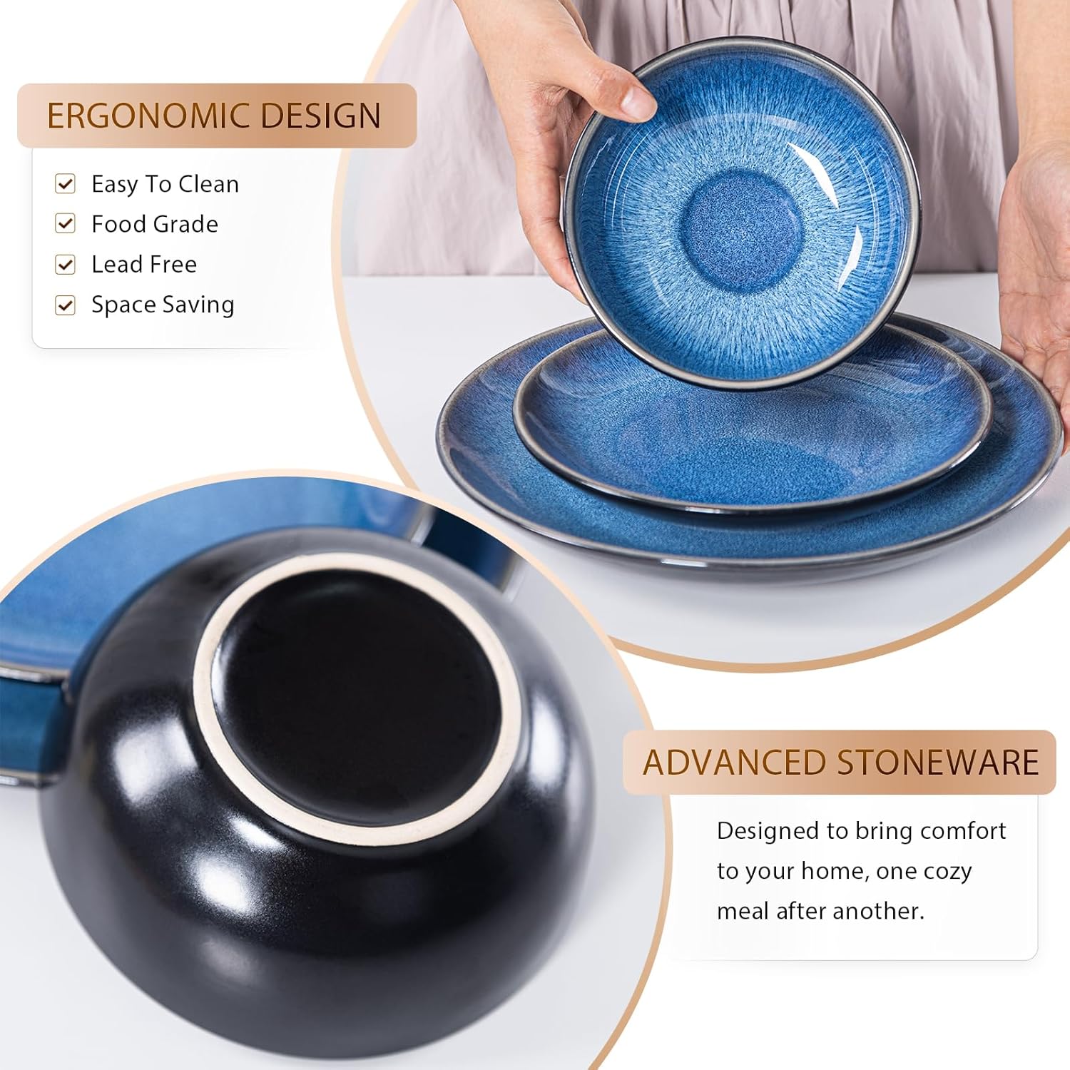 Plates and Bowls Sets for 6 - CJDC-QUELO 24-Piece Stoneware Dinnerware Sets, Ceramic Dishware Set for Indoor Kitchen Use and Formal Dining, Chip and Scratch Resistant Microwave Dishwasher Safe, Blue