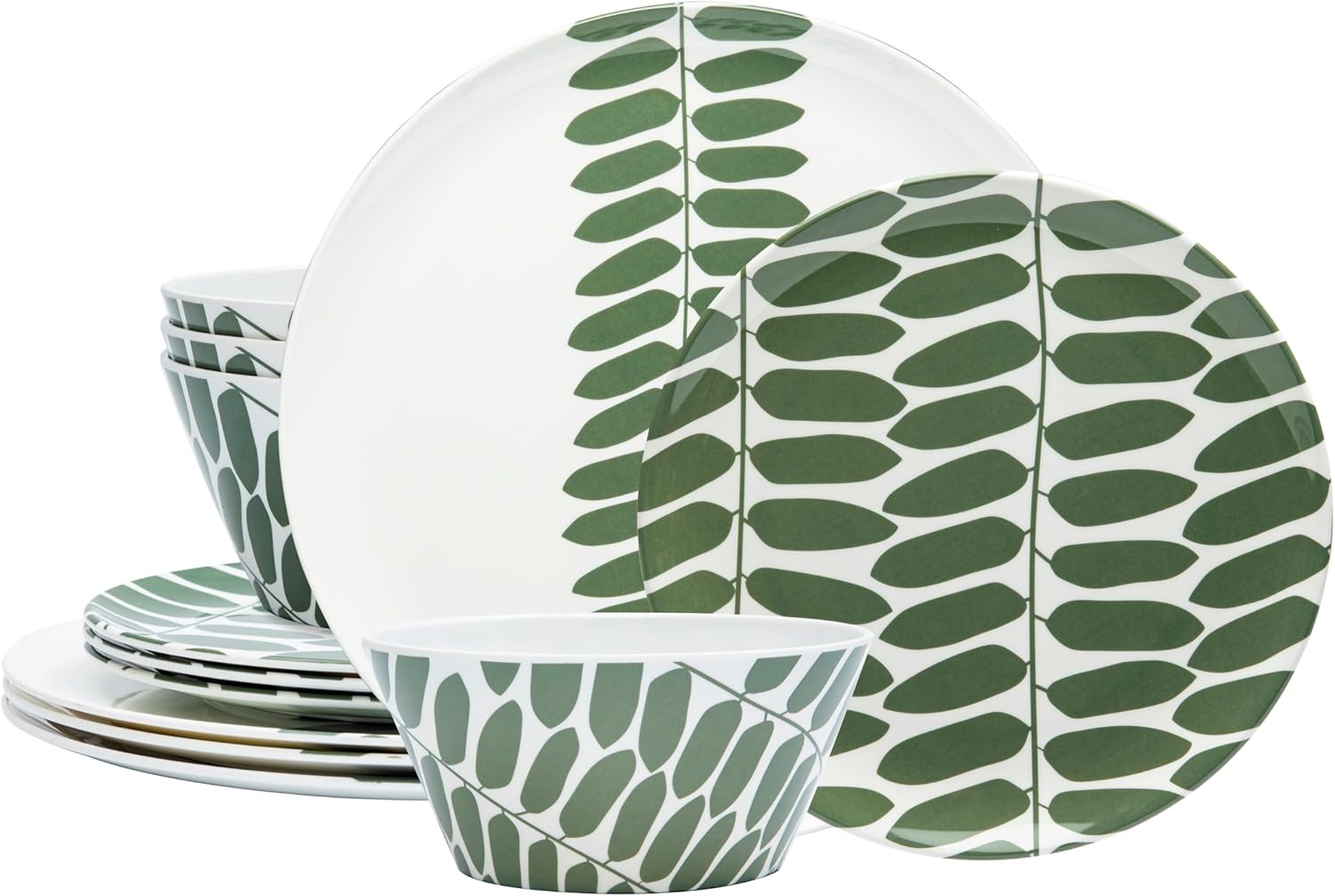 Bzyoo 12-Piece Melamine Dinnerware Set - Leaf | Lightweight, Durable, BPA-Free | Dishwasher Safe Dish Set for Indoor & Outdoor Use - Perfect for Camping, BBQs, Kids