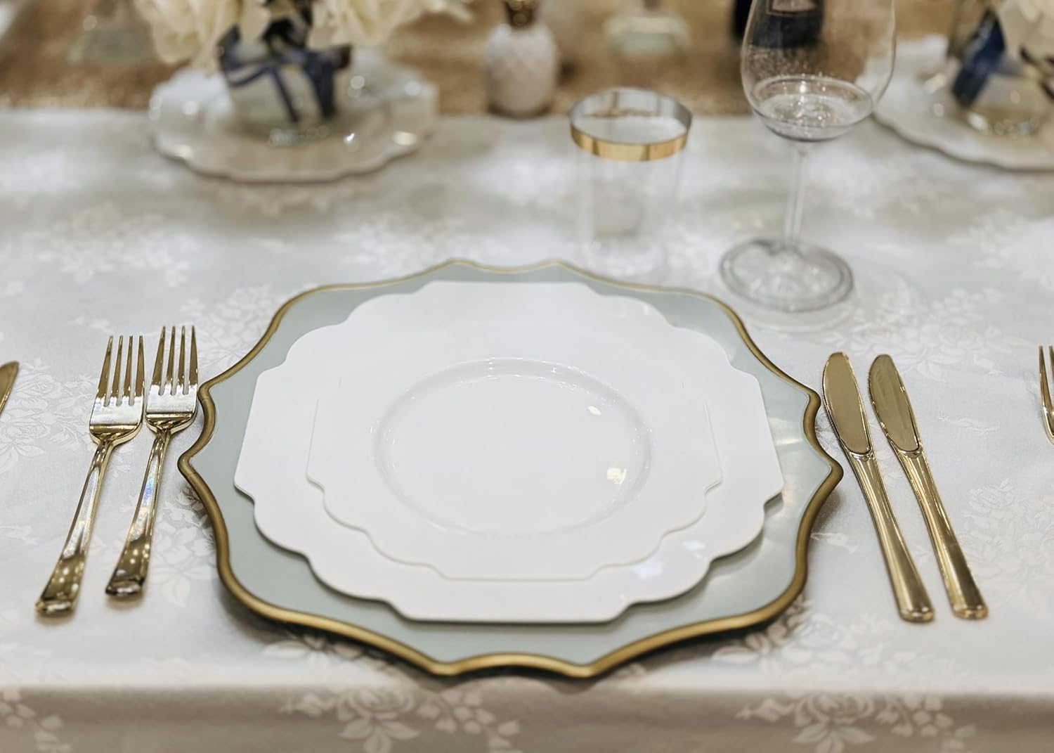 " OCCASIONS " 150 Piece set (25 Guests)-Wedding Plastic Plates & cutlery -Disposable heavyweight Dinnerware 10.5'', 8'' + Silverware w/double fork (Imperial in White)