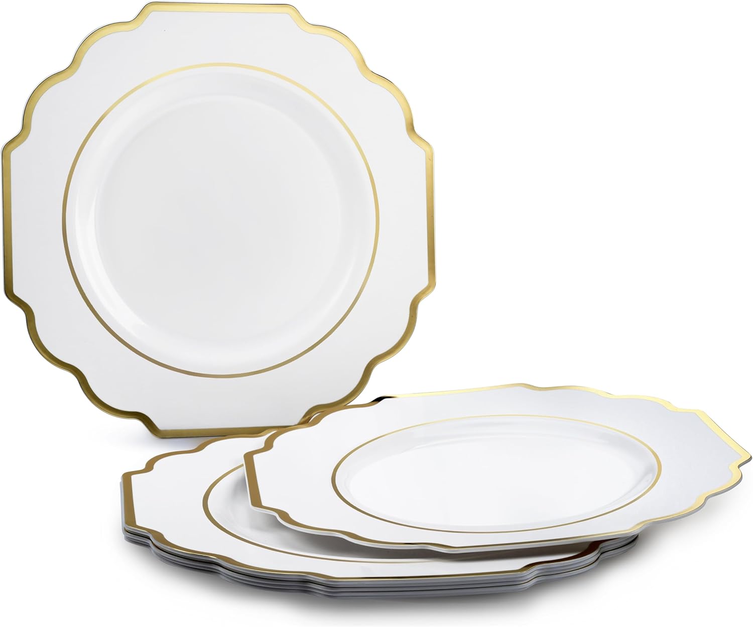 " OCCASIONS " 150 Piece set (25 Guests)-Wedding Plastic Plates & cutlery -Disposable heavyweight Dinnerware 10.5'', 8'' + Silverware w/double fork (Imperial White & Gold)