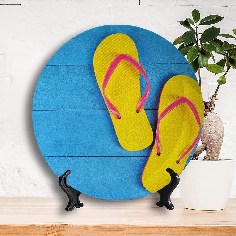 Ceramic Display Plate, Yellow and Blue Ceramic Hanging Decorative Plate, Flip Flops on Wooden Pier Cheerful Holiday, 10 Inch, Living Room Kitchen Decoration Household, Sky Blue Yellow Pink