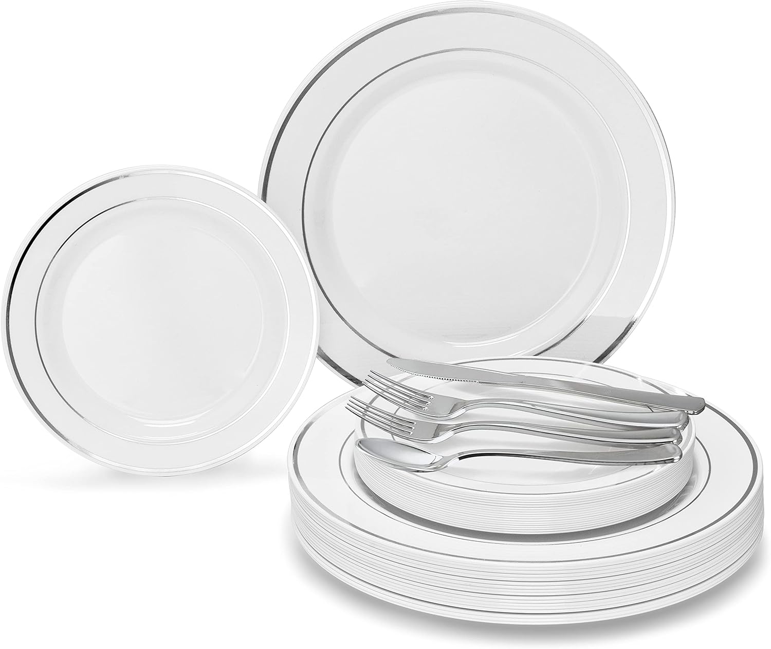 " OCCASIONS " 150pcs set (25 Guests)- Disposable Heavyweight DinnerwareWedding Plastic Plates & cutlery - 10.5'', 7.5'' + Silverware w/double fork (White & Silver Rim)