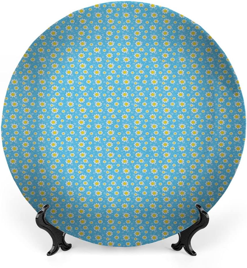 Decorative Plates, Yellow and Blue Print Ornament, Cartoon Chamomiles Blooms and Dots Fresh Spring for, 6 Inch, Kitchen Wall Decor, Blue Yellow White