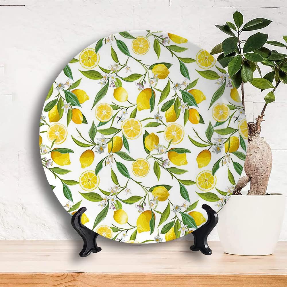 Ceramic Plates, Nature Decorative Ceramic Plates, Exotic Lemon Tree Branches Yummy, 7 Inch, Household Plates Decorative, Fern Green Yellow White