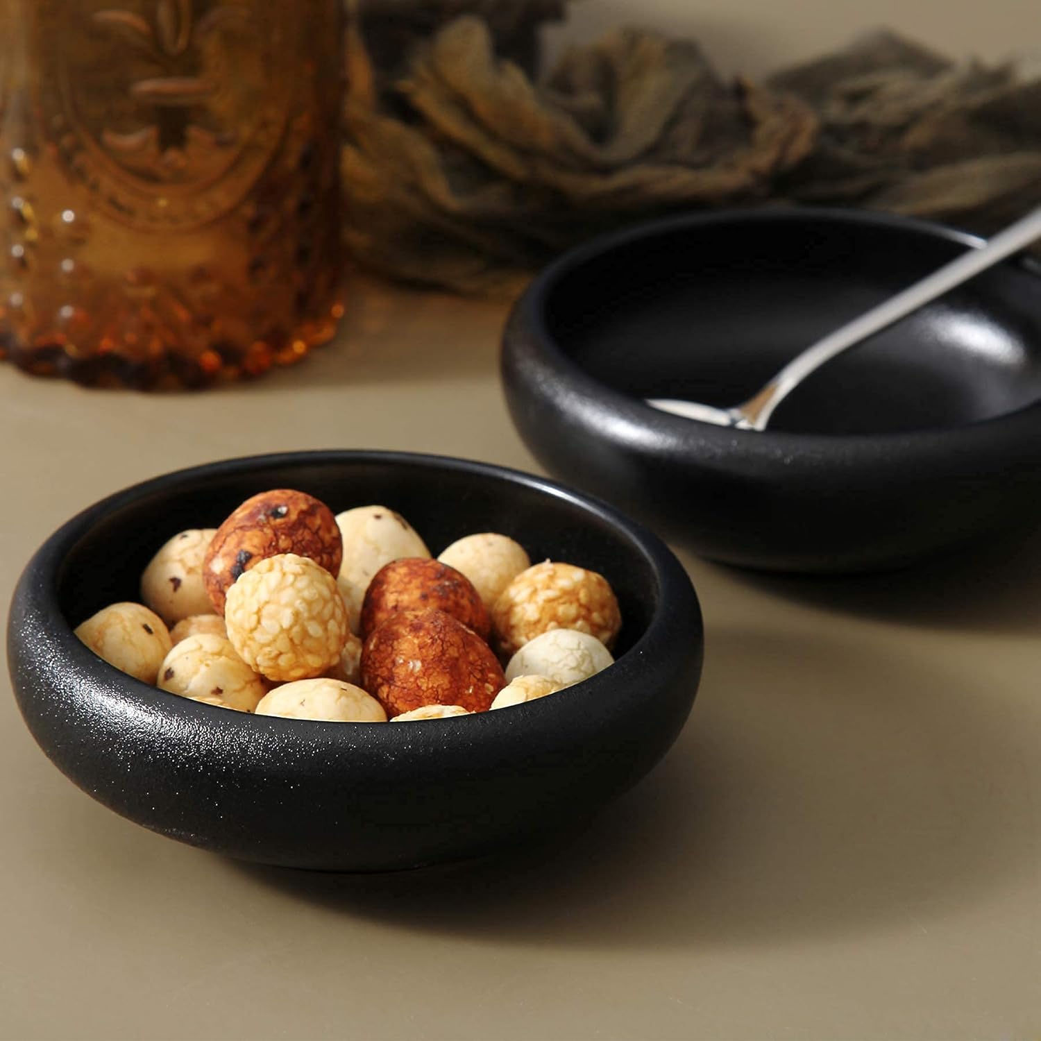 Uaral Soy Sauce Dishes Sushi Dipping Bowl Pinch Bowl Stoneware Black Small Serving Dish Set 3.75 Inch(4.5 oz,Texture Black)