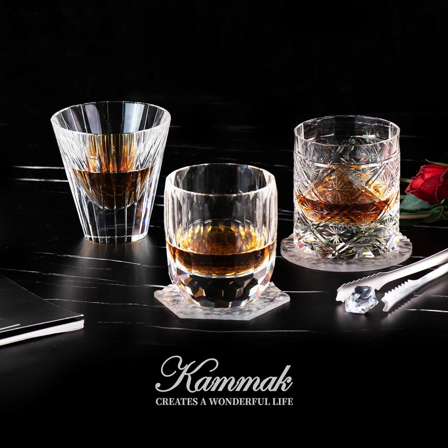 KAMMAK Whiskey Glasses Set of 2, 5.07 oz (150 ml) Hand Blown Crystal Tumbler with Delicate Rim, Lead-Free Thick Base & Seamless Design for Neat Scotch, Bourbon, and Craft Cocktails