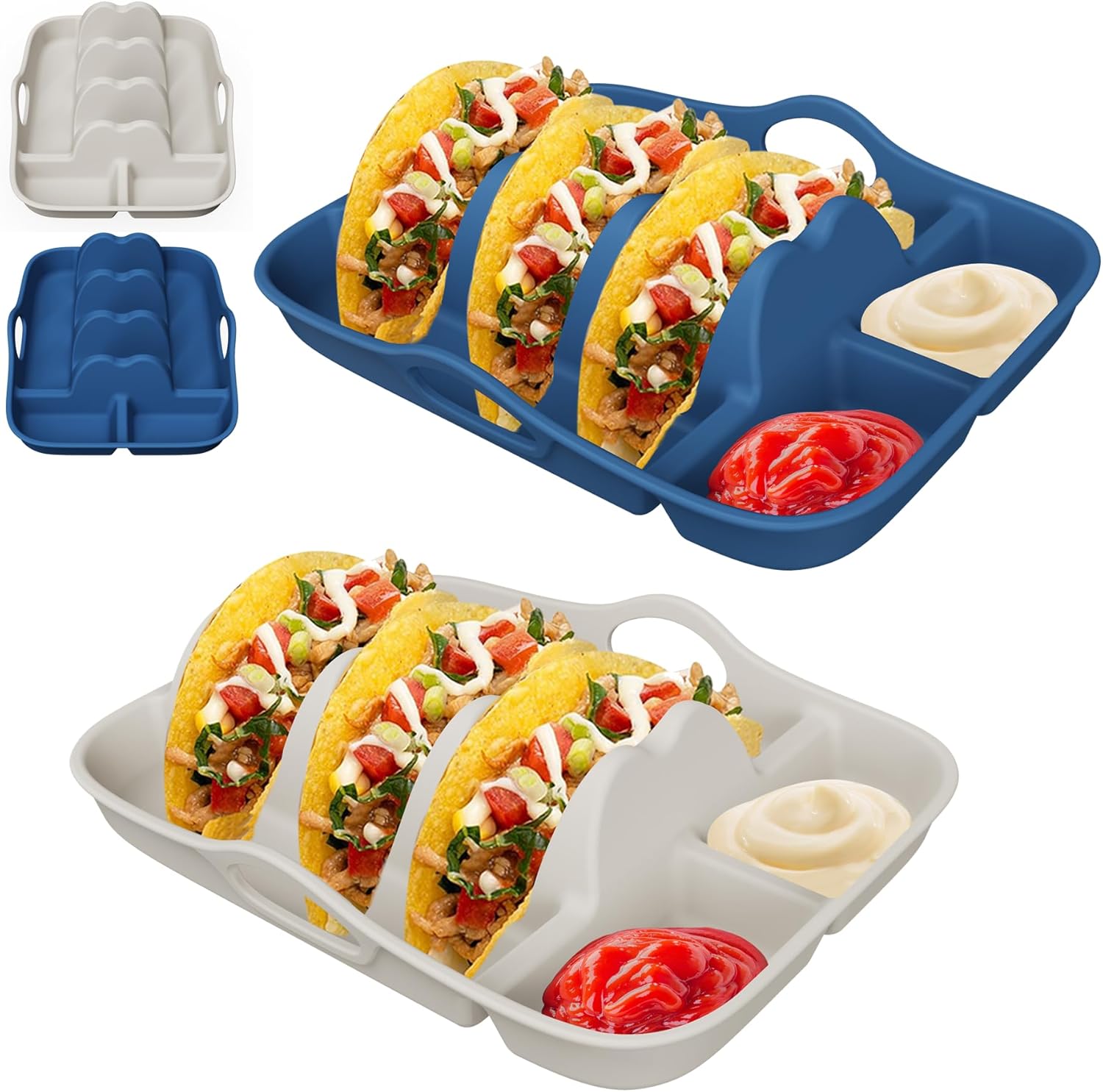 Classic White & Navy Silicone Taco Holder Set of 2, with Dip Bowls & Dividers, Elegant Non-Slip Serving Plates for Hard/Soft Tacos, Dishwasher & Microwave Safe Party Essential