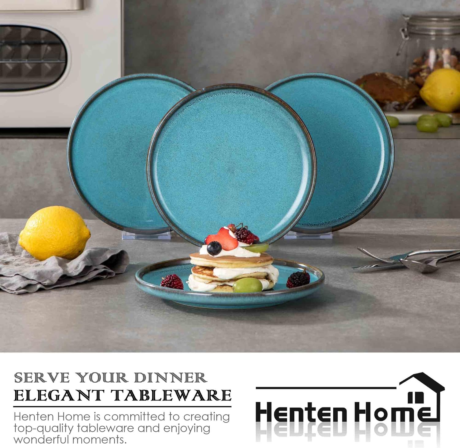 Henten Home Ceramic Dessert Plates, 8 Inch Porcelain Salad Plates Set of 4, Round Snack Plates for Kitchen, Cake Serving Stoneware Dishes, Reactive Glaze, Scratch Resistant (Aqua)