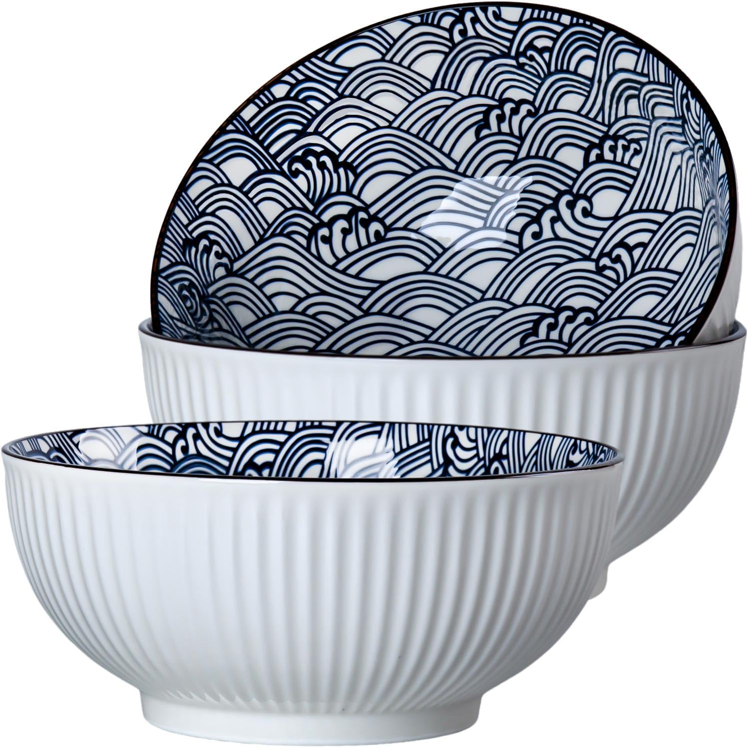 60 oz Large Soup Bowl, Pho Bowls, 8 Inch Blue and White Porcelain Japanese Ramen Bowls Set of 3 - Wave Pattern
