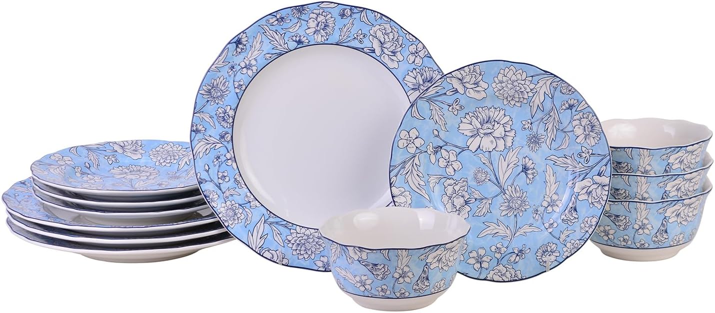 222 Fifth 12-Piece Porcelain Dinnerware Set for 4, White & Light Blue Plates and Bowls Set, Glossy Ceramic Dish Set with Ornate Floral Design, Kitchen Tableware, Microwave & Dishwasher Safe, Cleremont