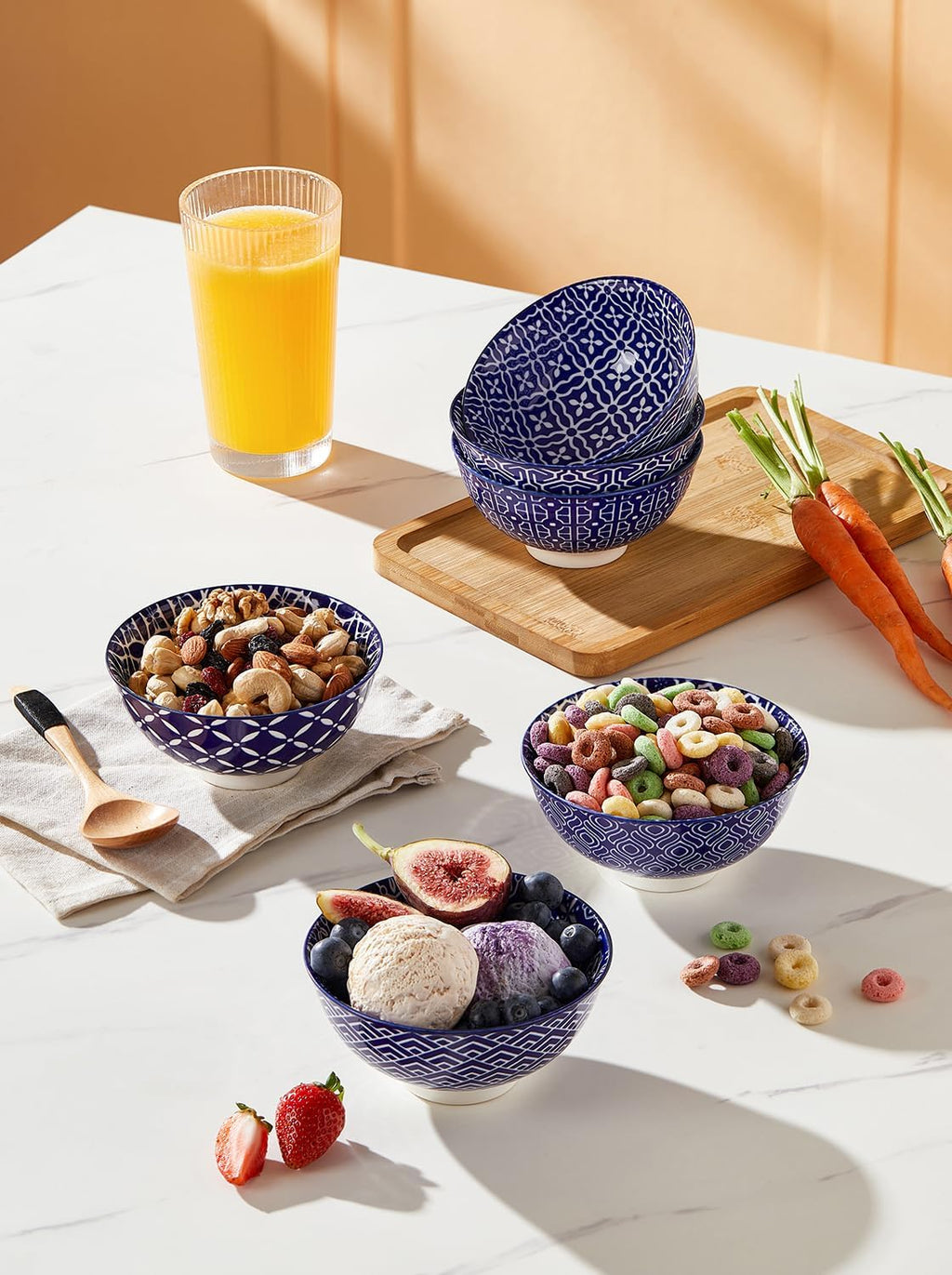 Blue and White Bowls, Ceramic Dessert Bowls 10 Oz, Porcelain Bowl Set for Ice Cream, Decorative Bowls for Snack Soup Condiments, Side Dishes, Set of 6