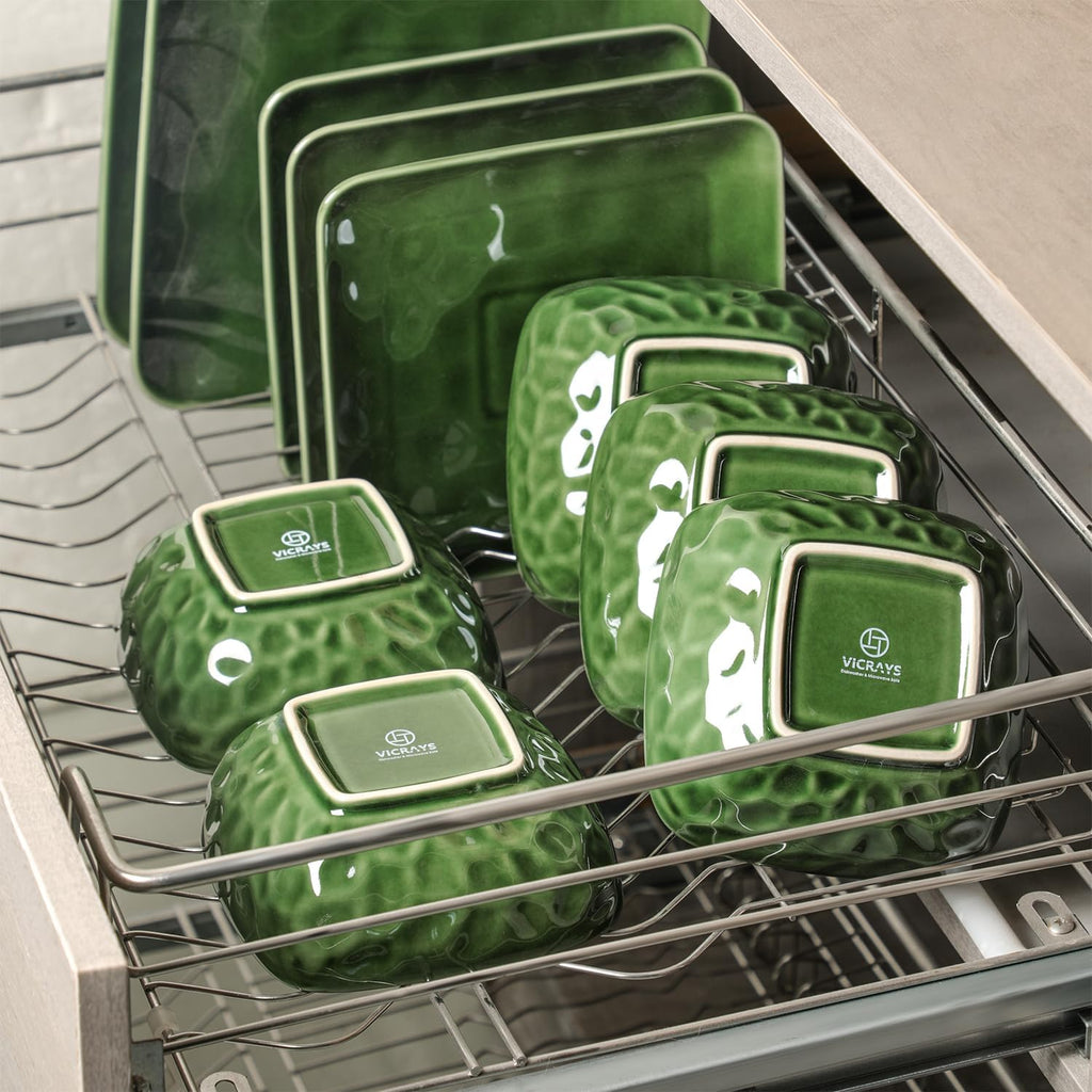 Vicrays Ceramic 18 Pieces Square Dinnerware Set - Dinner Plates Salad Plates Cereal Bowls Set Service for 6 - Scratch Resistant Microwave Oven Dishwasher Safe - Green