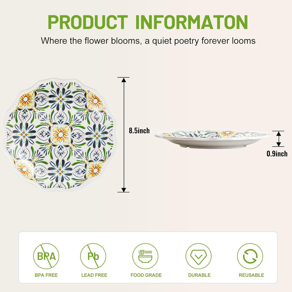 UNK U 8.5-Inch Floral Melamine Plates Set of 6, Rustic Dinner Plates with Flower Shape, Dishwasher Safe Decorative Plates for Garden Party, Family Meals, Birthdays Party & Everyday Use